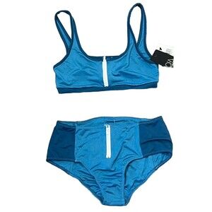 Chaser Swim Bikini Set L Sport Zip Top High Waist Bottom Blue NWT Designer Retro